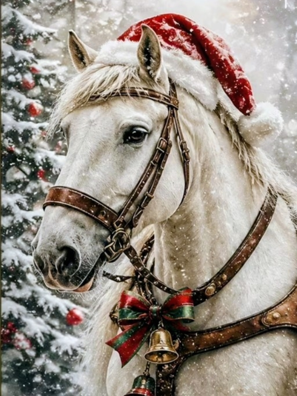 Holiday White Horse Wall Art - Festive Red Santa Hat 8x10 Print